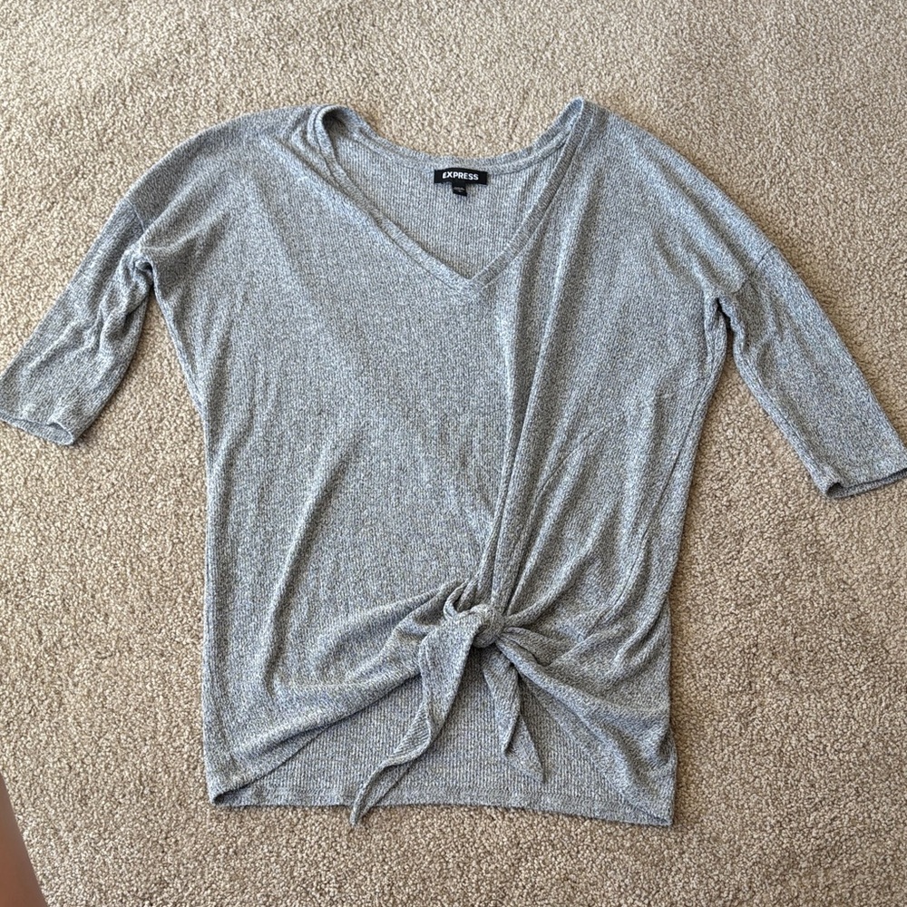 Express Grey Knot-Front V-Neck Knit Tee